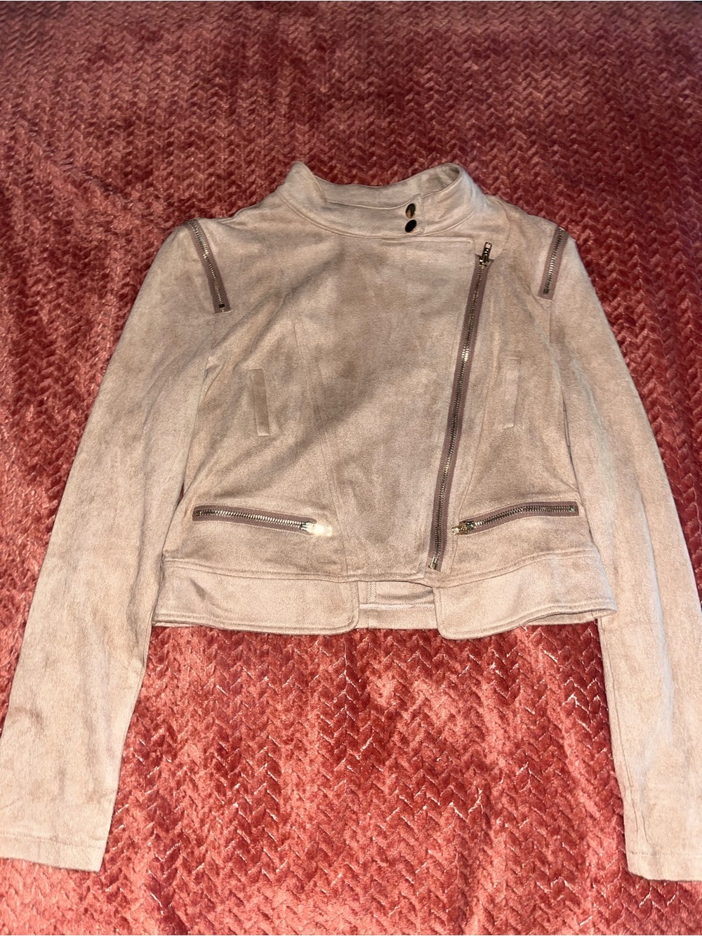 SHEIN Light Taupe faux Suede Moto Blazer. Size L
